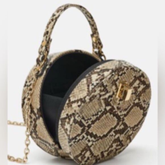 Zara Snakeskin Round Crossbody Bag Gold Chain & Handle Brown Beige Black Lined - Picture 4 of 17